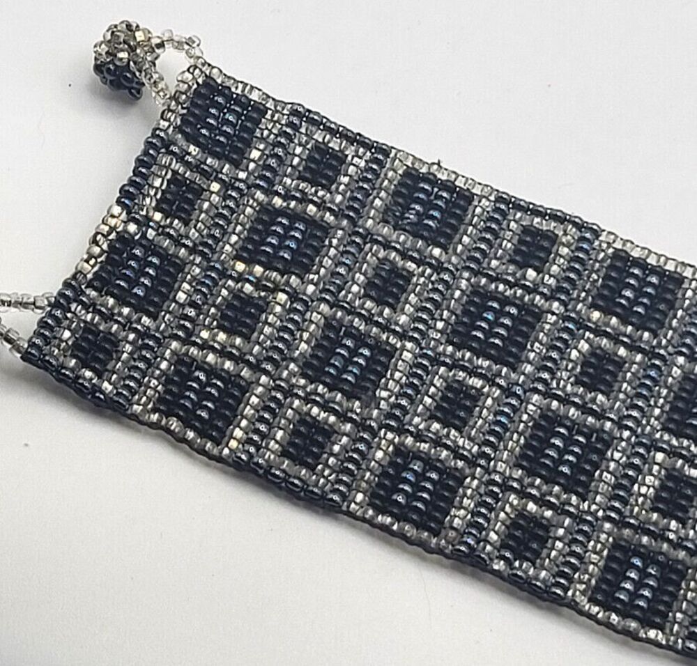 Hand Woven Geometric Seed Bead 2in Thick Bracelet 7.25in